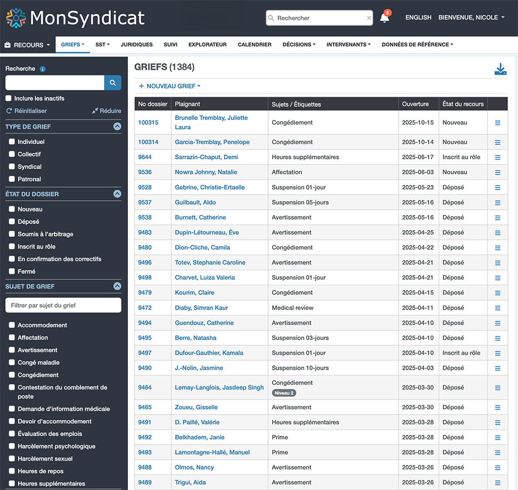 Capture d'écran du module de gestion des griefs